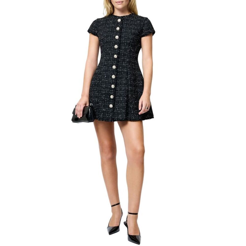 French Connection Womens Speckled Tweed Pleated Mini Dress 6 Black/White - NWT